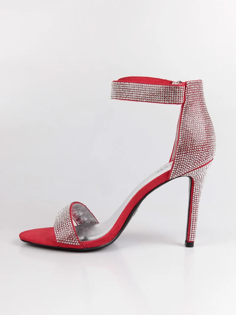 Sandali aperti con tacco e strass rosso