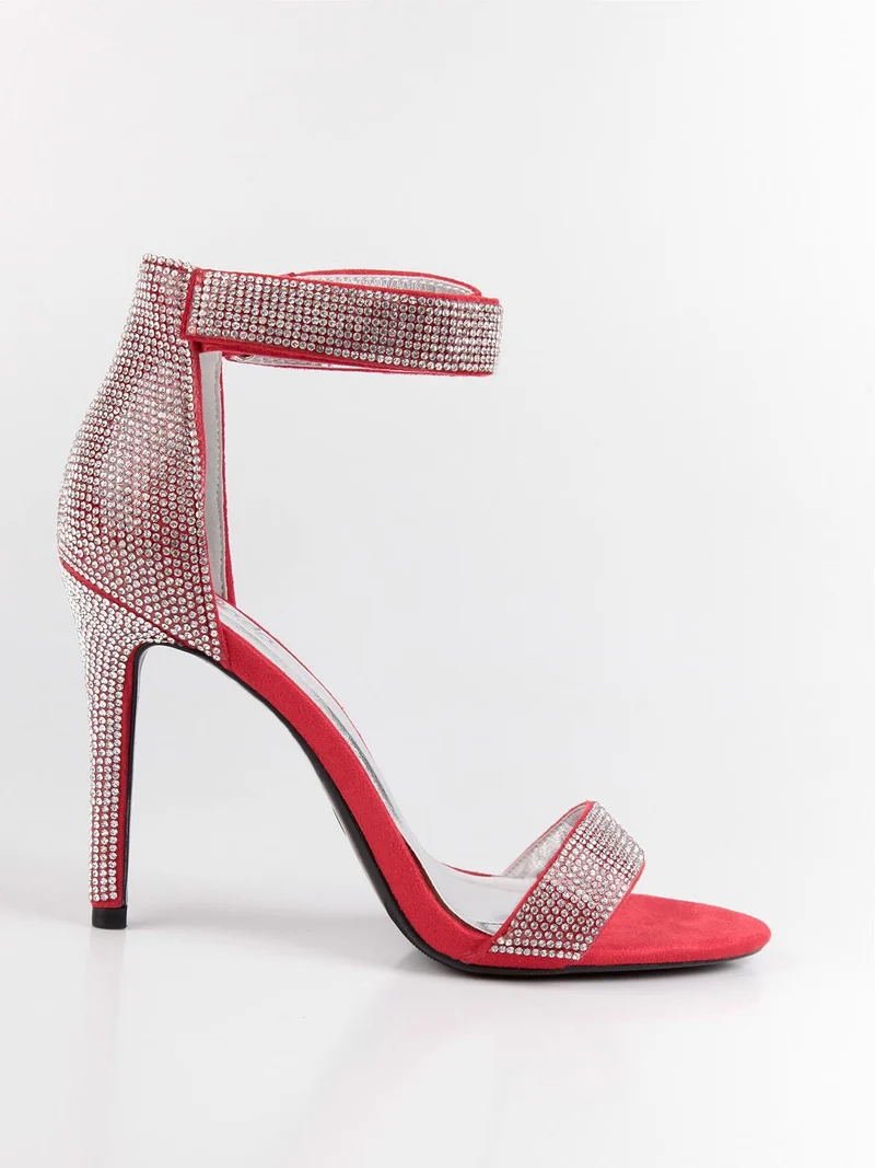 Sandali aperti con tacco e strass rosso