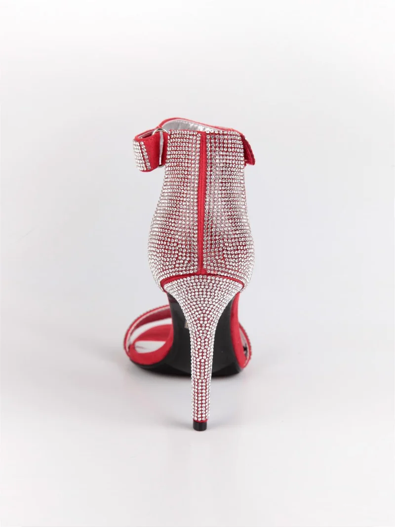 Sandali aperti con tacco e strass rosso