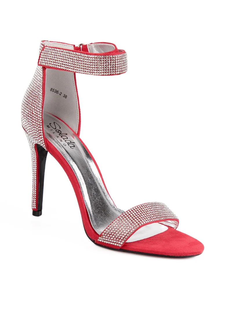 Sandali aperti con tacco e strass rosso