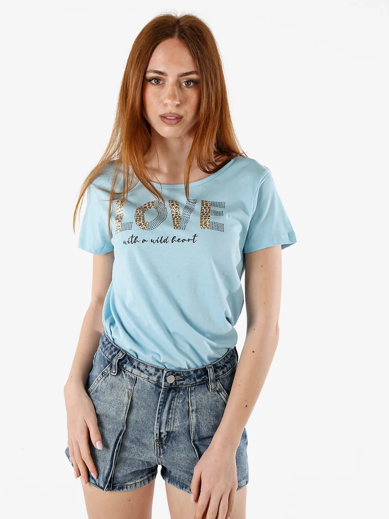 T-shirt donna in cotone con stampa animalier e micro borchie - azzurro