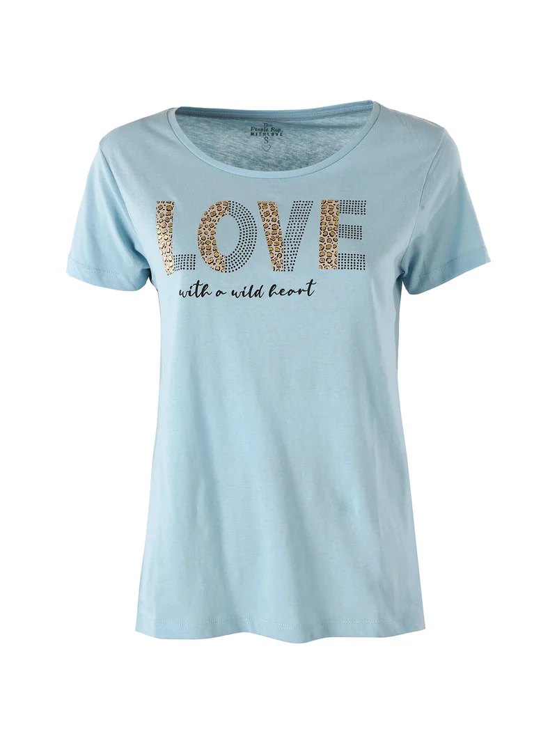 T-shirt donna in cotone con stampa animalier e micro borchie - azzurro