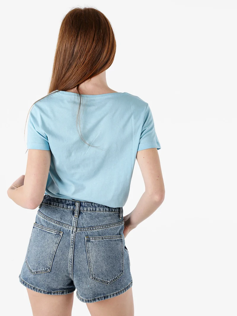 T-shirt donna in cotone con stampa animalier e micro borchie - azzurro