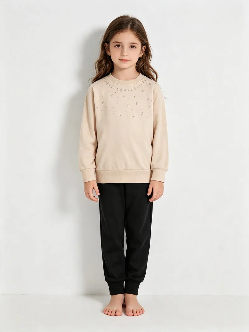 Completo tuta da bambina 2 pezzi felpa e pantaloni - beige