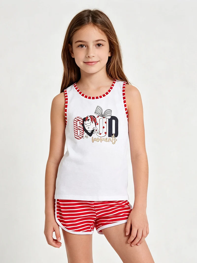 Completo corto da bambina con canotta e shorts rigati - rosso