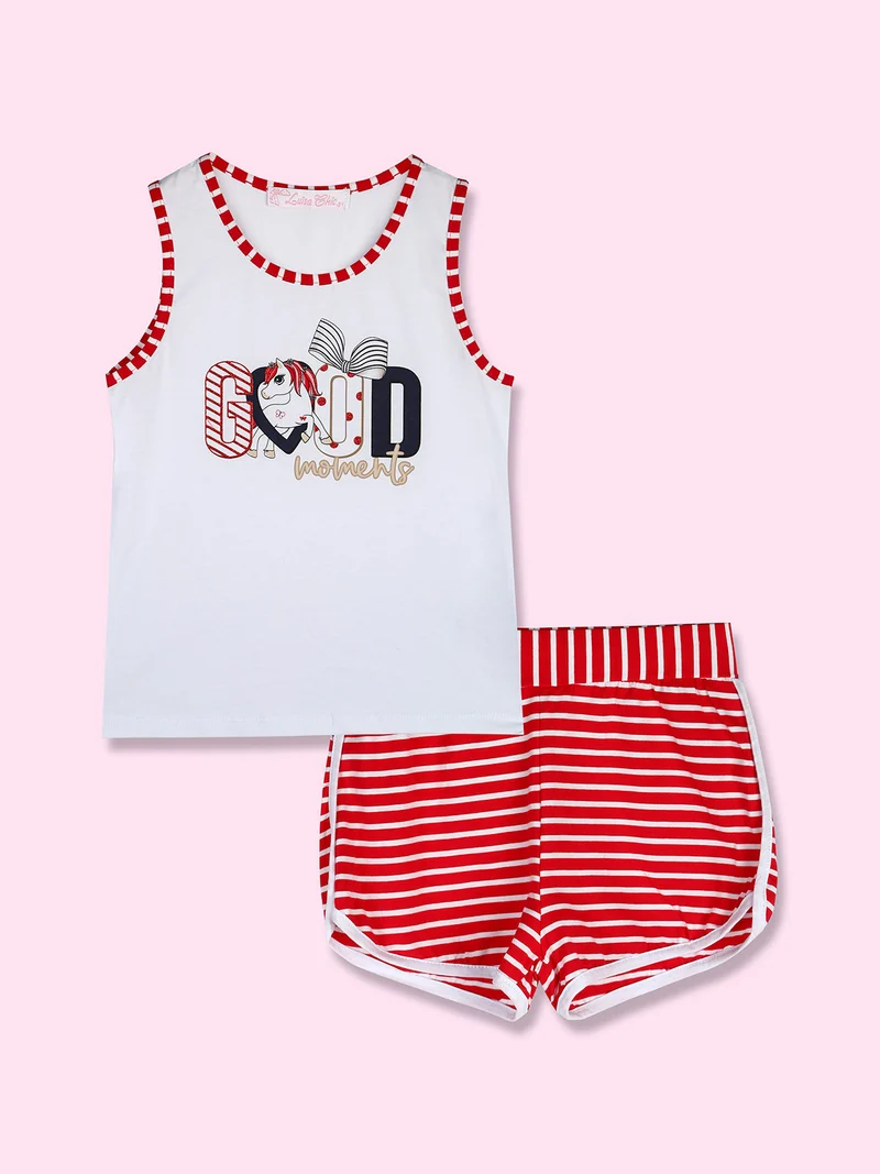 Completo corto da bambina con canotta e shorts rigati - rosso