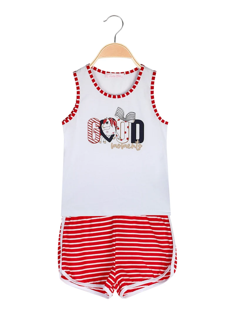 Completo corto da bambina con canotta e shorts rigati - rosso