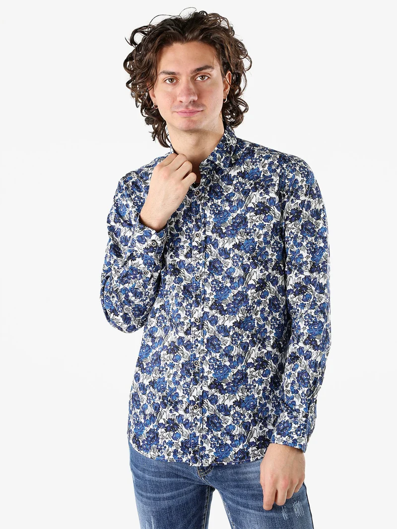 Camicia floreale da uomo in cotone a maniche lunghe - blu