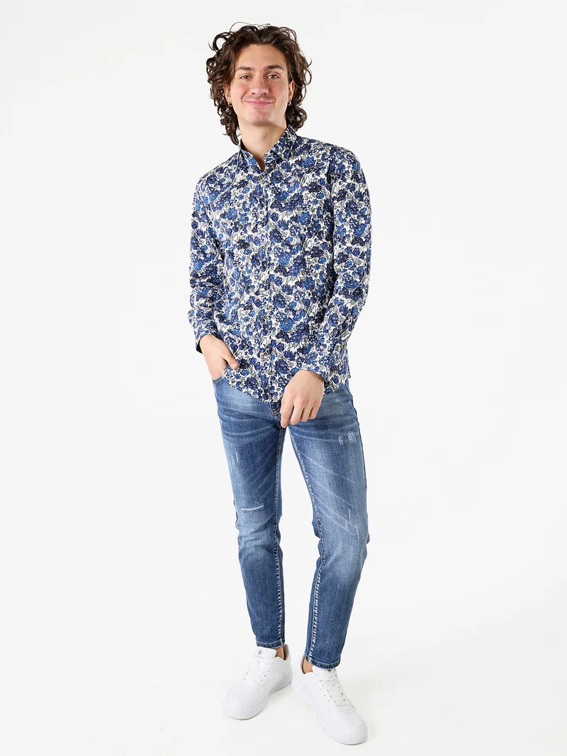 Camicia floreale da uomo in cotone a maniche lunghe - blu
