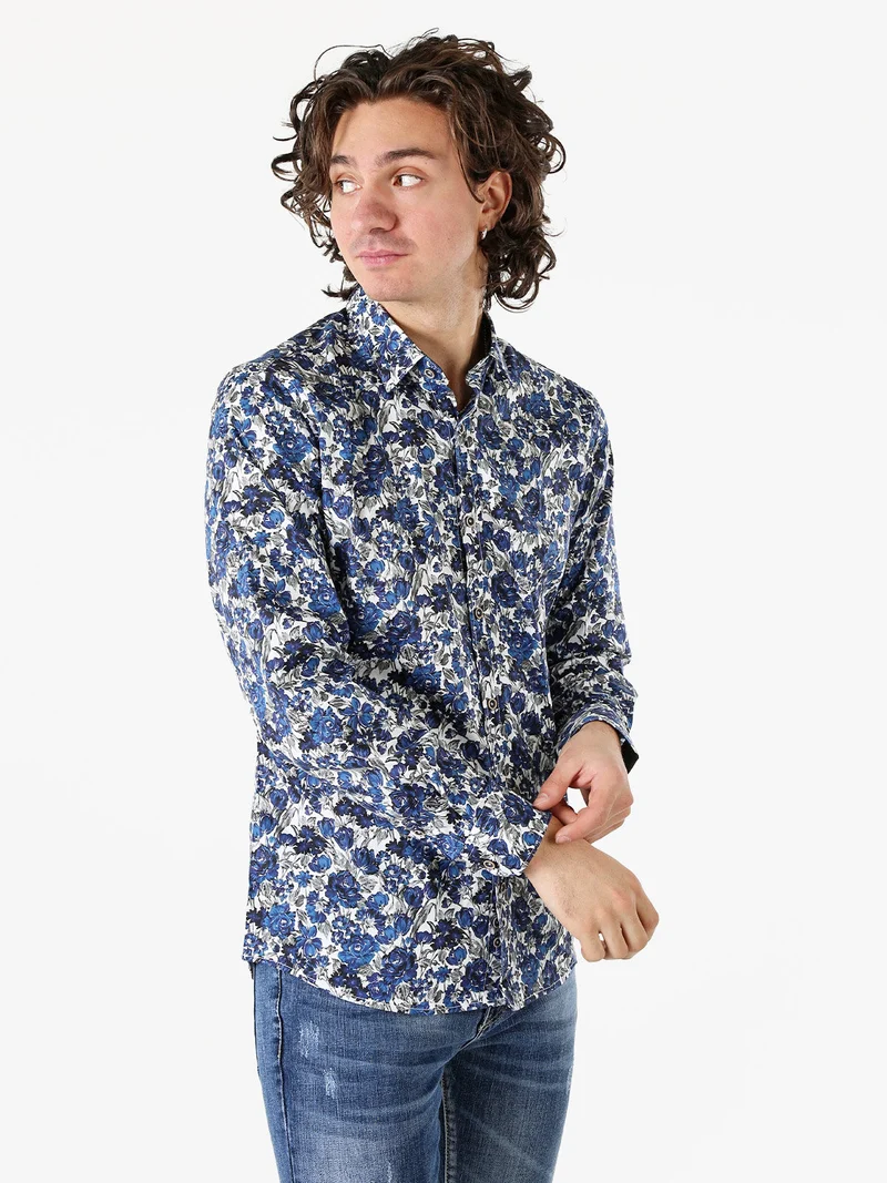 Camicia floreale da uomo in cotone a maniche lunghe - blu