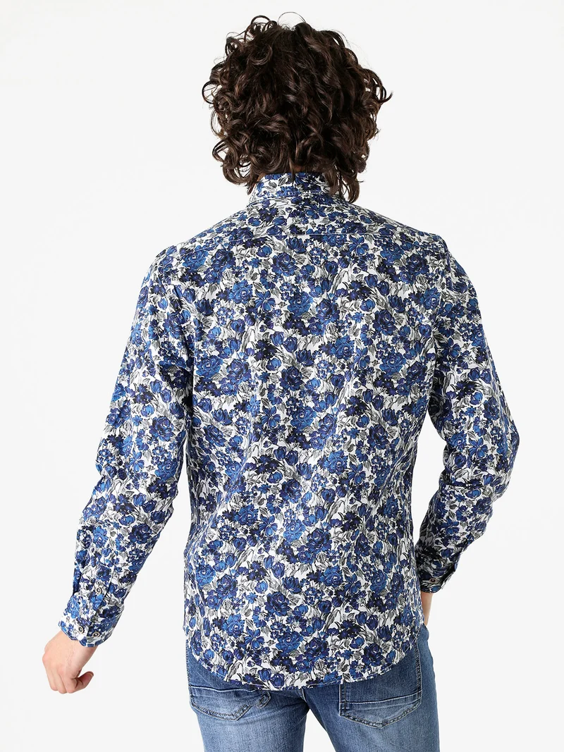 Camicia floreale da uomo in cotone a maniche lunghe - blu
