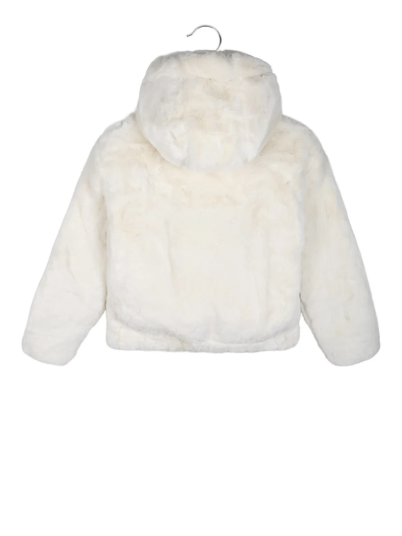 Giacca da bambina con cappuccio in ecopelliccia - panna
