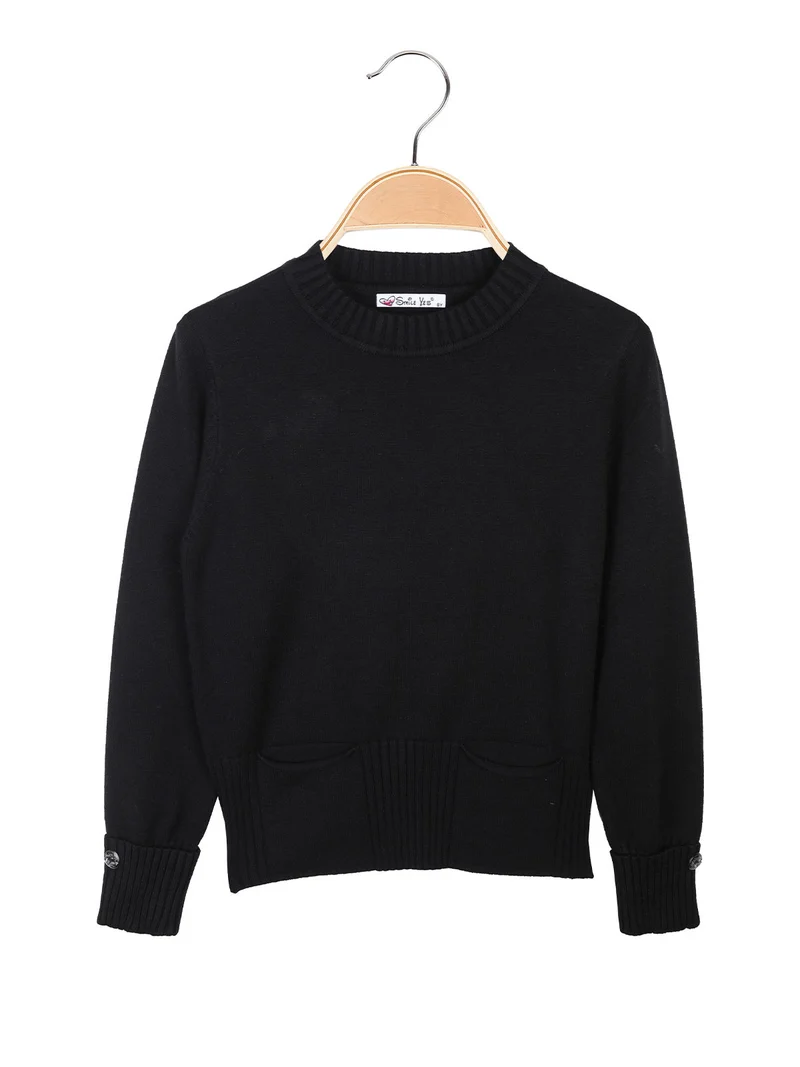 Pullover da bambina in maglia con taschini sul fondo - nero
