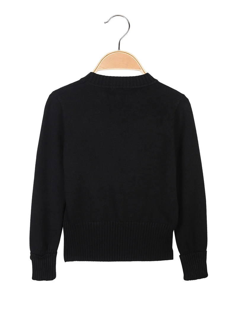 Pullover da bambina in maglia con taschini sul fondo - nero