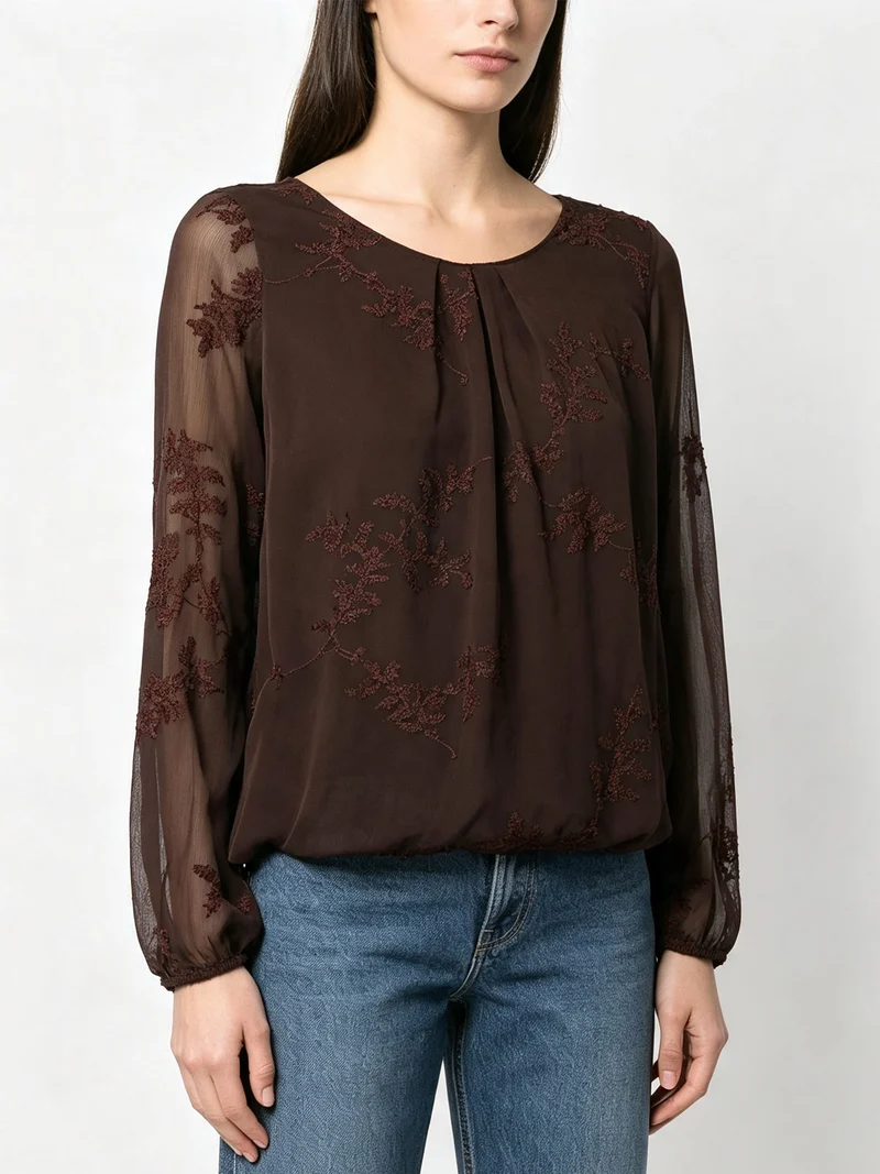 Blusa donna con ricami e maniche lunghe velate - moro