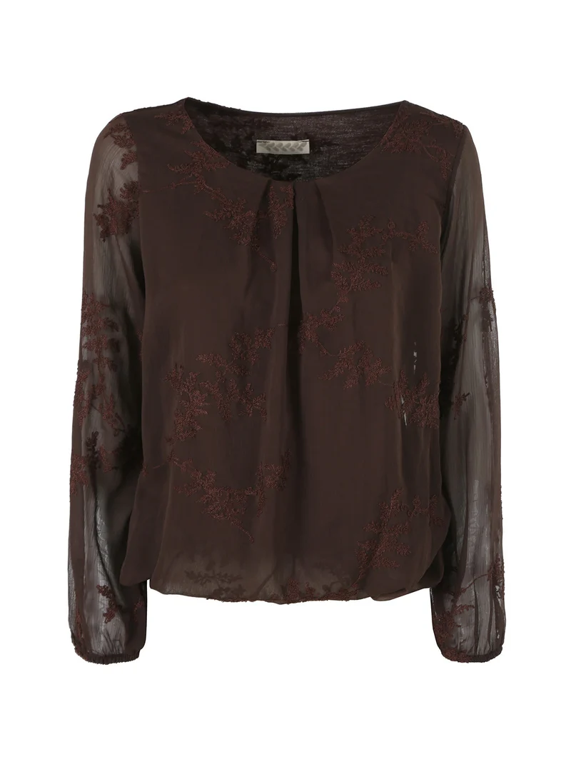 Blusa donna con ricami e maniche lunghe velate - moro