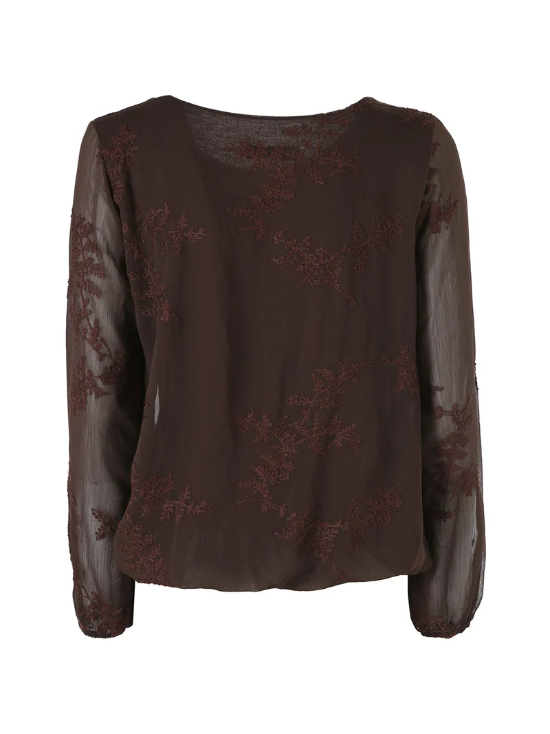 Blusa donna con ricami e maniche lunghe velate - moro