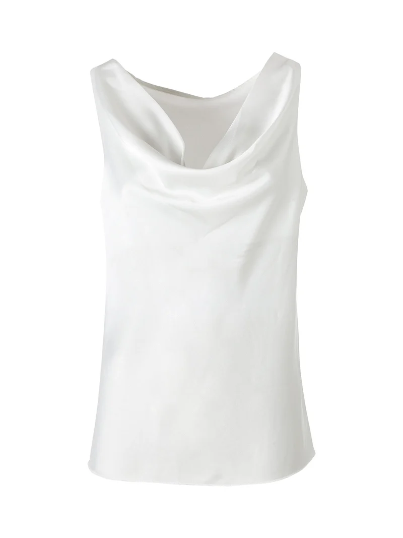 Top donna smanicato con scollo a cascata in tessuto effetto raso - bianco