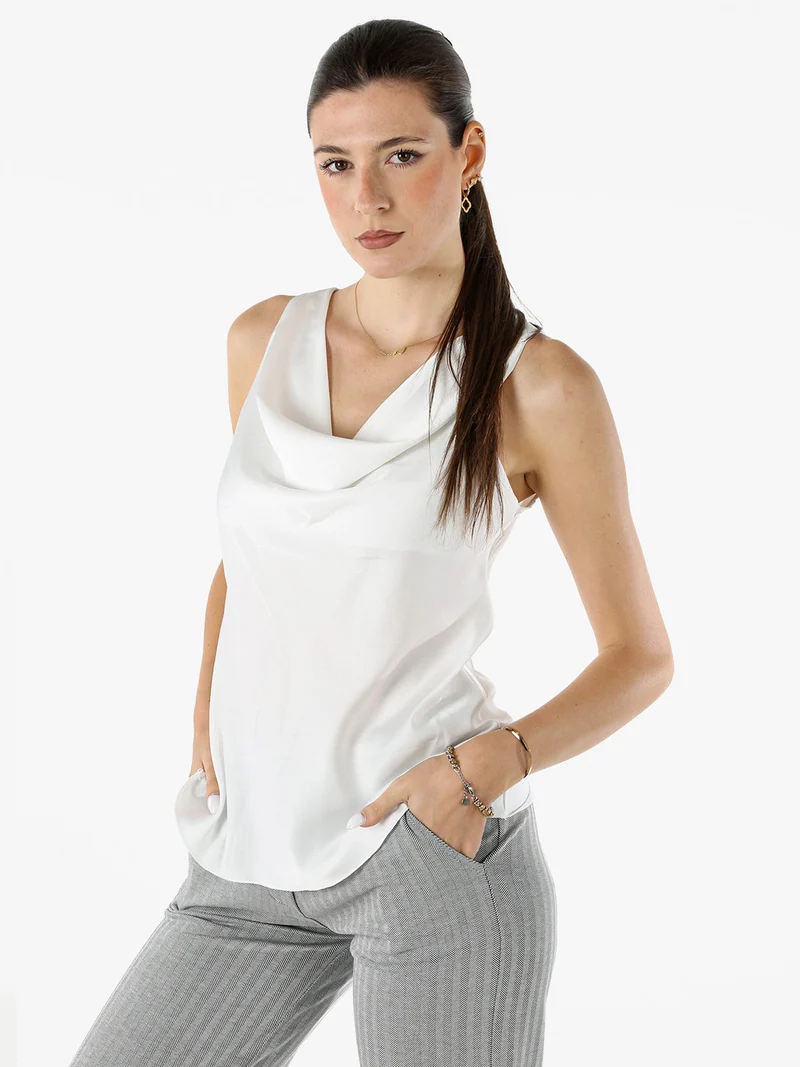 Top donna smanicato con scollo a cascata in tessuto effetto raso - bianco