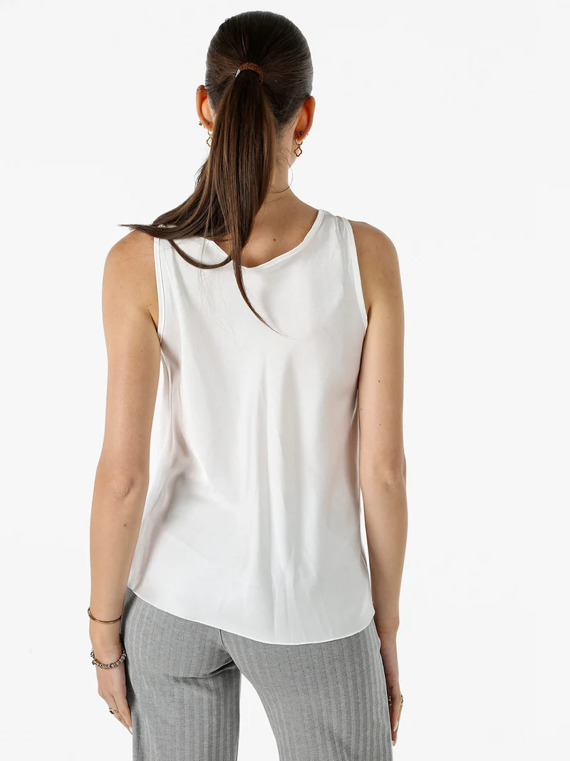 Top donna smanicato con scollo a cascata in tessuto effetto raso - bianco