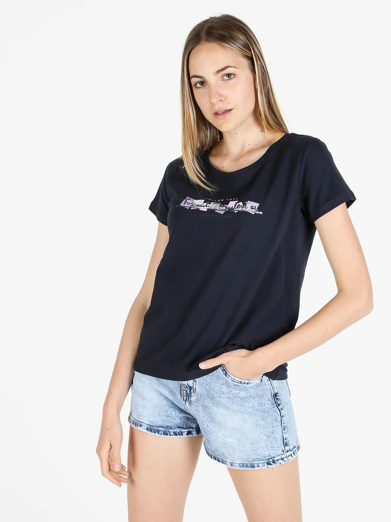 T-shirt donna in cotone bielastico con scritta e strass - blu scuro