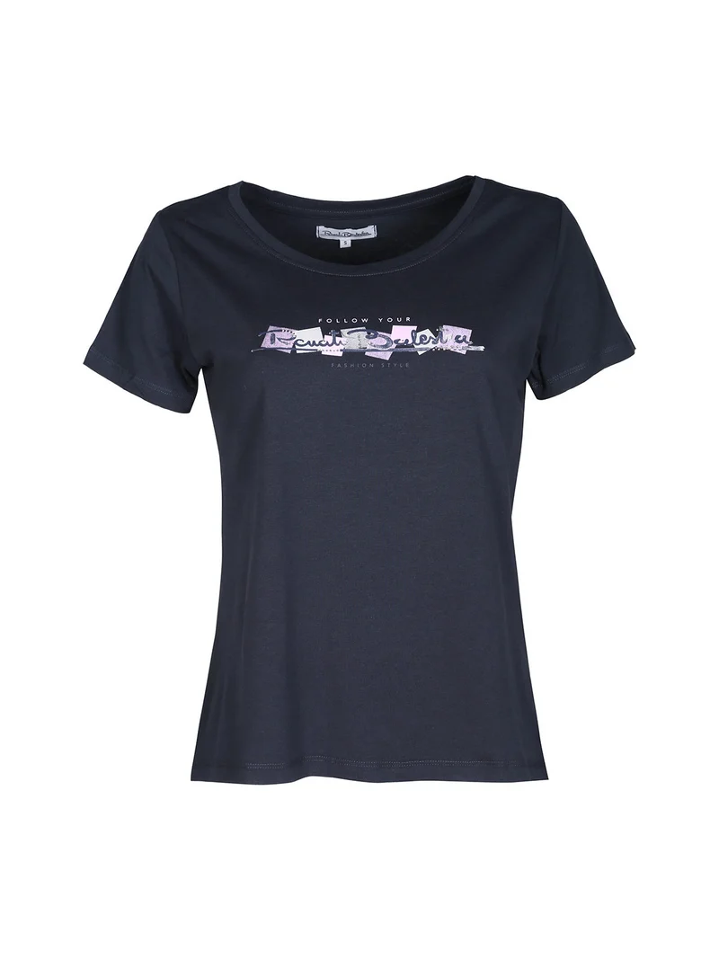 T-shirt donna in cotone bielastico con scritta e strass - blu scuro