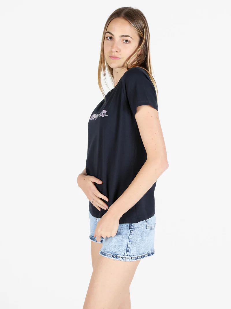 T-shirt donna in cotone bielastico con scritta e strass - blu scuro