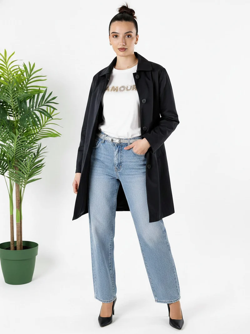 Trench impermeabile da donna con bottoni - blu scuro