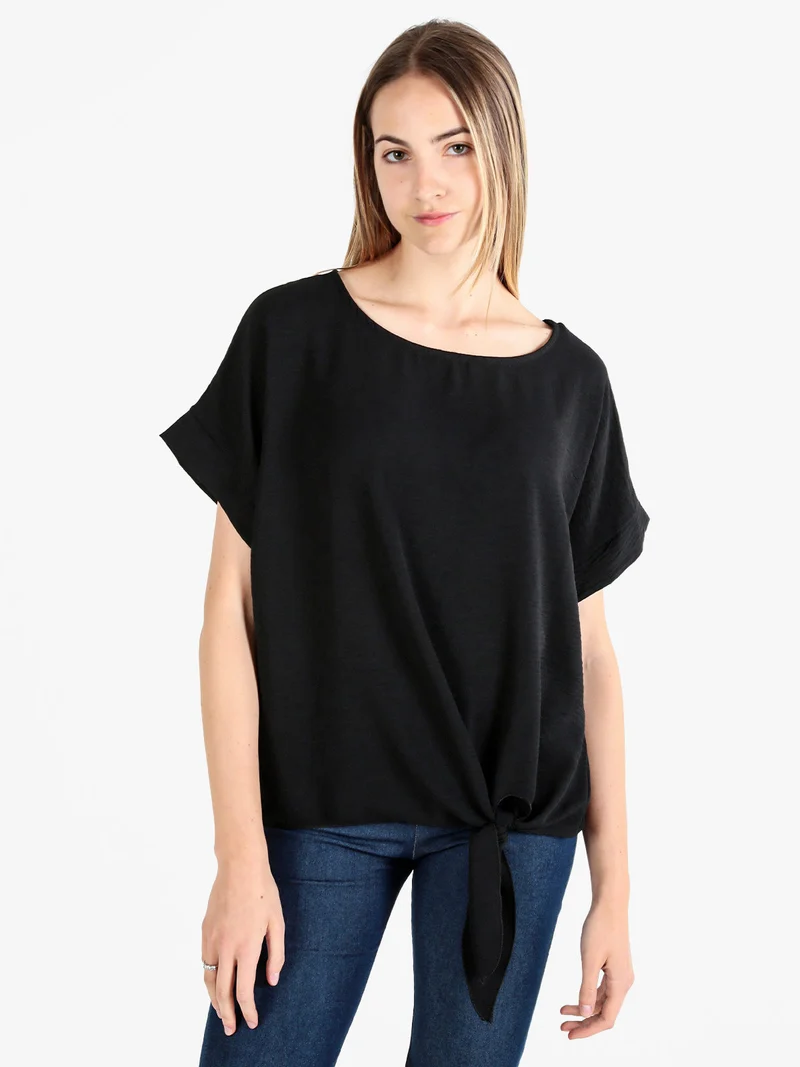Blusa donna a maniche corte con nodo sul fondo - nero