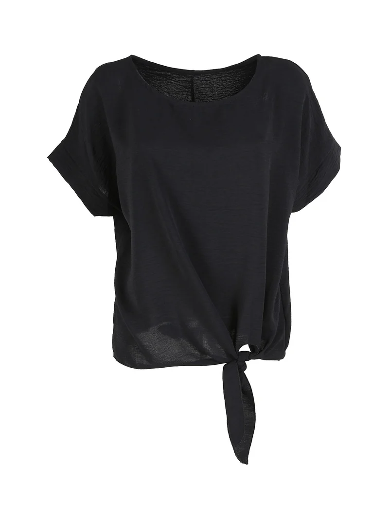 Blusa donna a maniche corte con nodo sul fondo - nero
