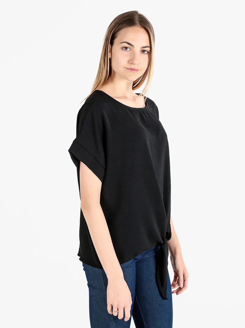 Blusa donna a maniche corte con nodo sul fondo - nero