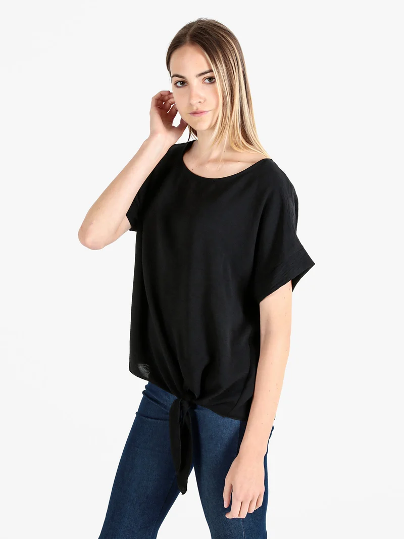 Blusa donna a maniche corte con nodo sul fondo - nero