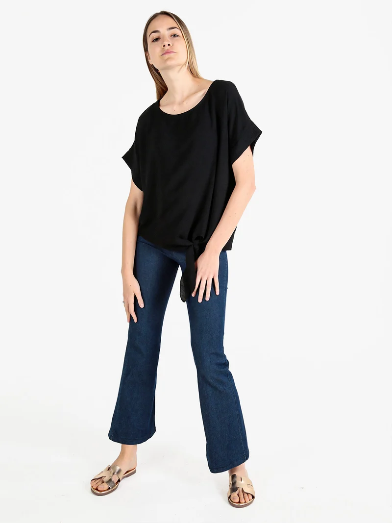Blusa donna a maniche corte con nodo sul fondo - nero