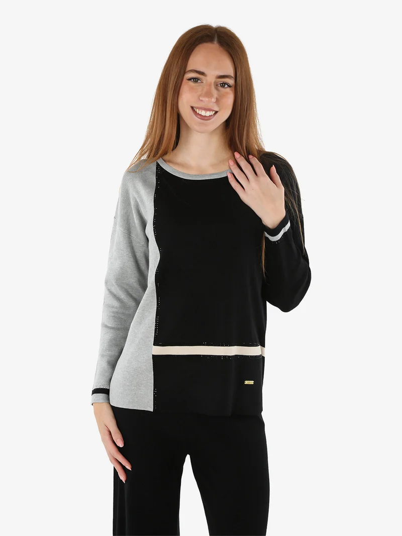 Maglia donna girocollo con strass - nero