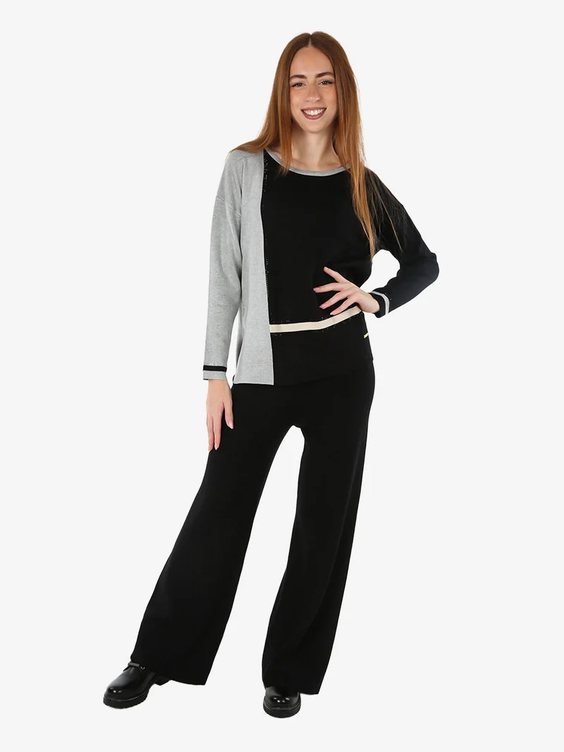 Maglia donna girocollo con strass - nero