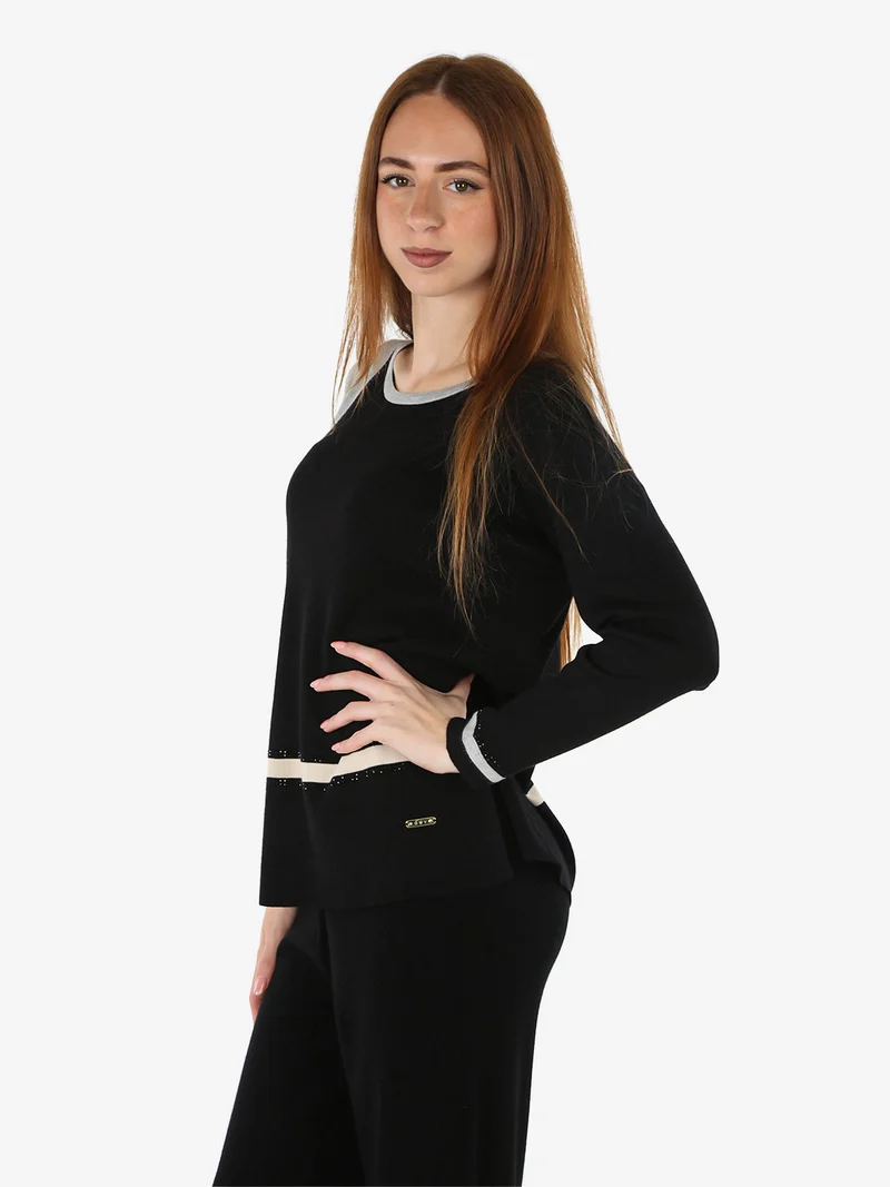 Maglia donna girocollo con strass - nero