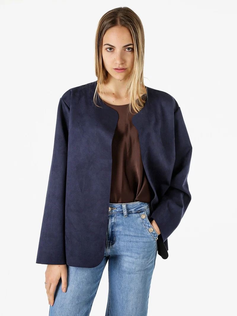 Blazer donna aperto oversize in tessuto soft scamosciato - blu scuro