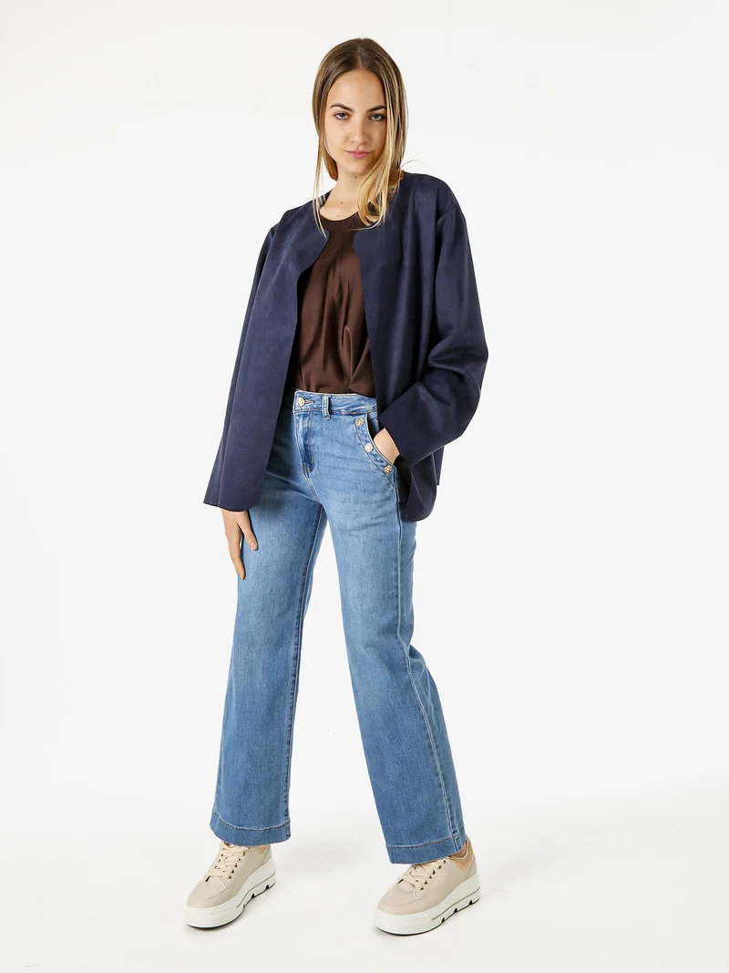 Blazer donna aperto oversize in tessuto soft scamosciato - blu scuro