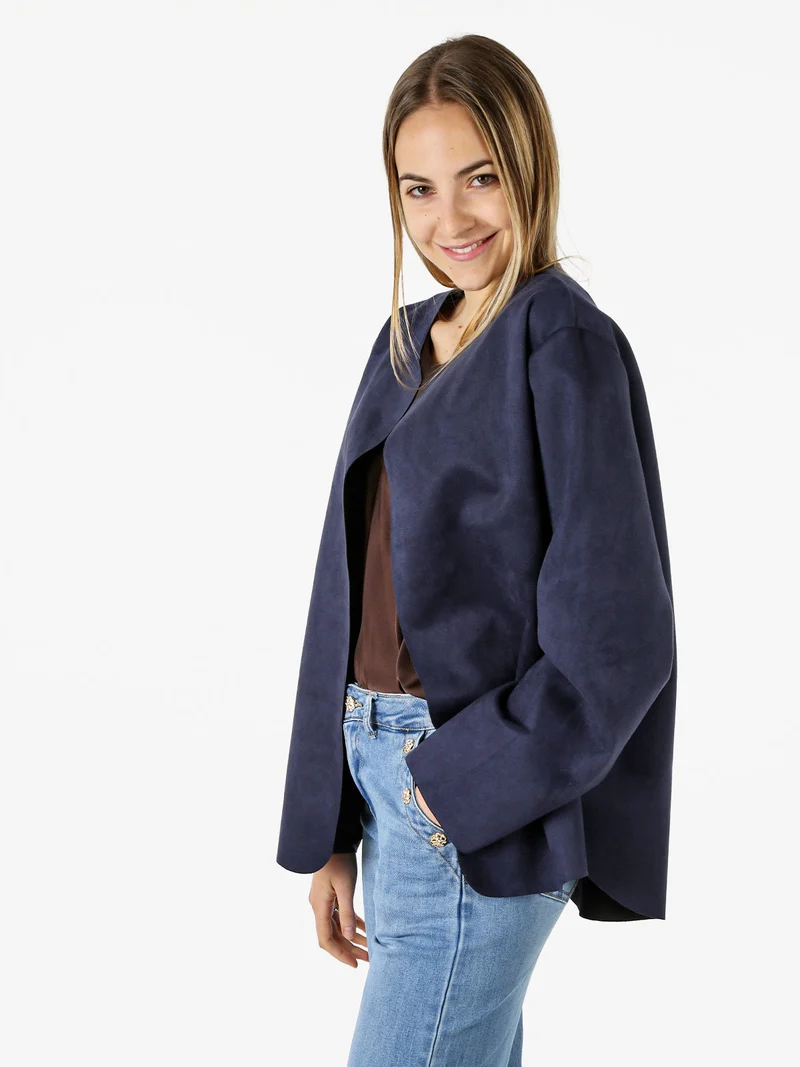 Blazer donna aperto oversize in tessuto soft scamosciato - blu scuro
