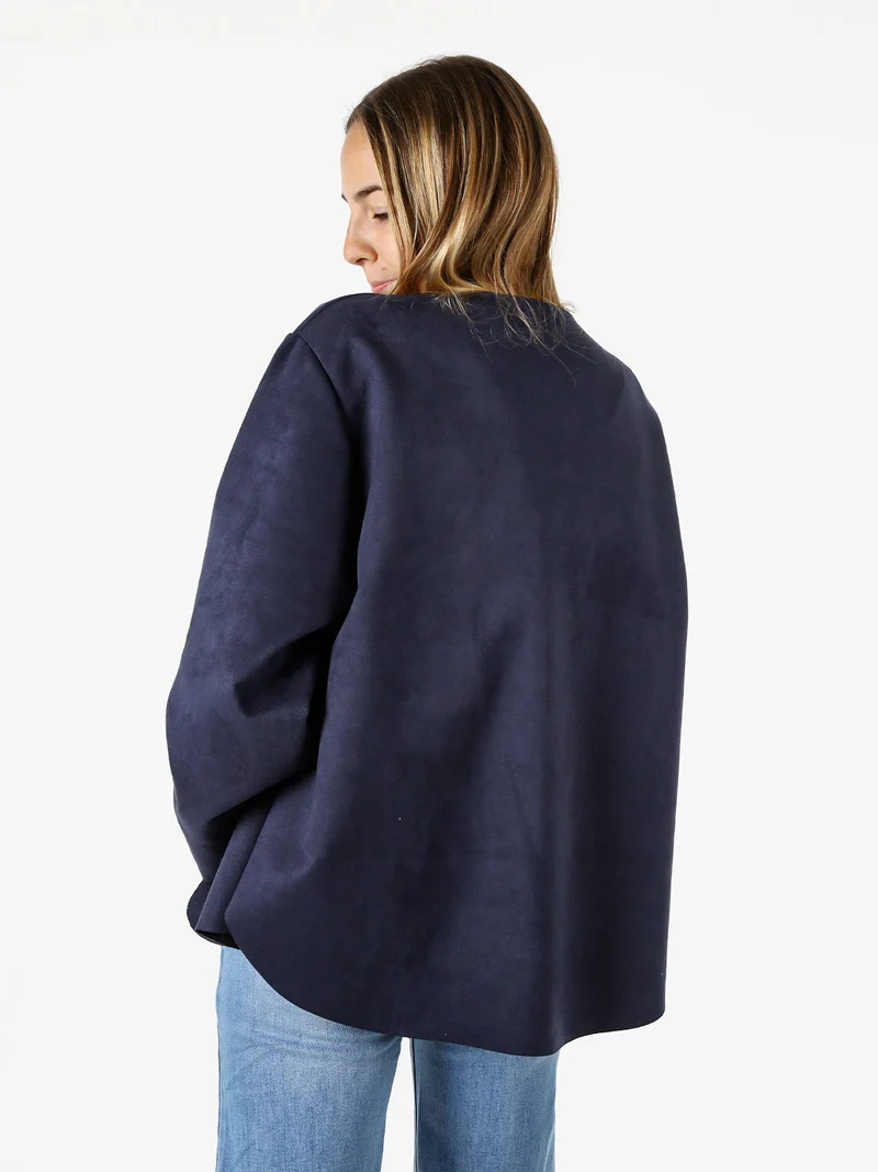 Blazer donna aperto oversize in tessuto soft scamosciato - blu scuro