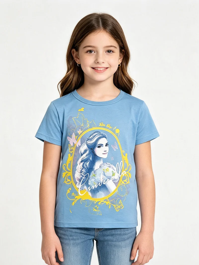T-shirt manica corta da bambina con stampa - azzurro