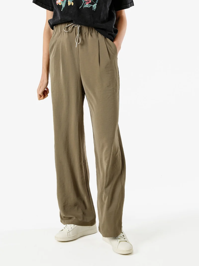 Pantaloni donna leggeri a gamba larga con coulisse - militare