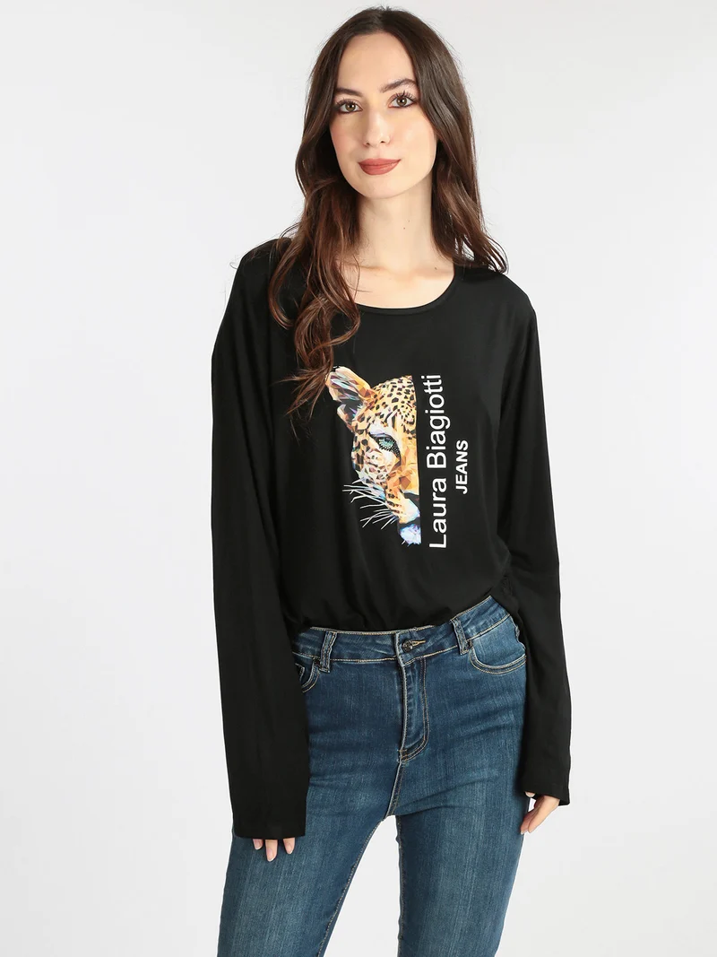 T-shirt da donna lunga con stampa - nero