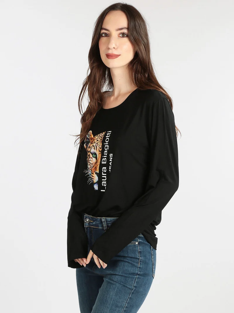T-shirt da donna lunga con stampa - nero