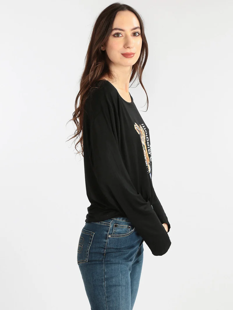 T-shirt da donna lunga con stampa - nero