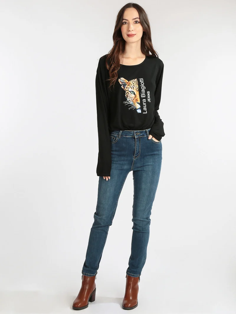 T-shirt da donna lunga con stampa - nero