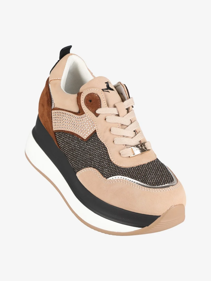 Sneakers donna bicolor con strass - beige