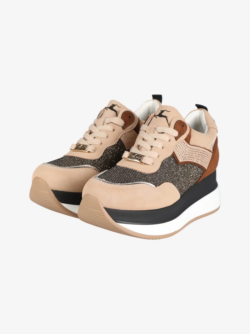 Sneakers donna bicolor con strass - beige