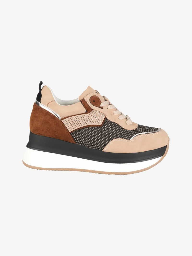 Sneakers donna bicolor con strass - beige