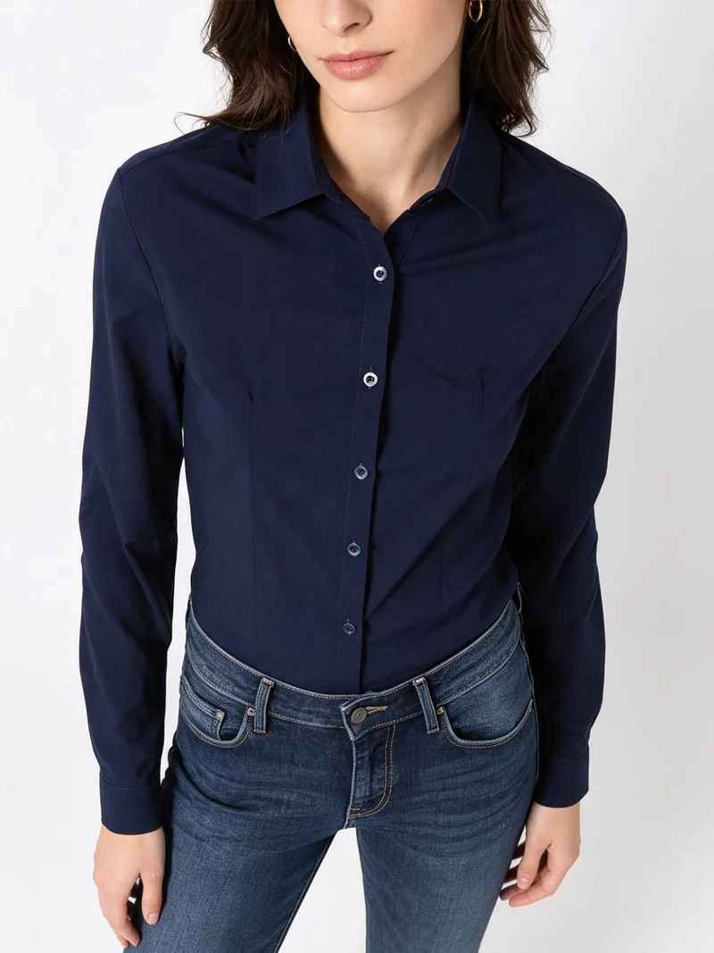 Camicia da donna elasticizzata a maniche lunghe - blu scuro